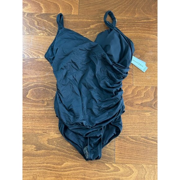 Jantzen Women's Draped Surplice One Piece Bathing Suit Black Stretch NWT Sz 22 - Picture 2 of 11